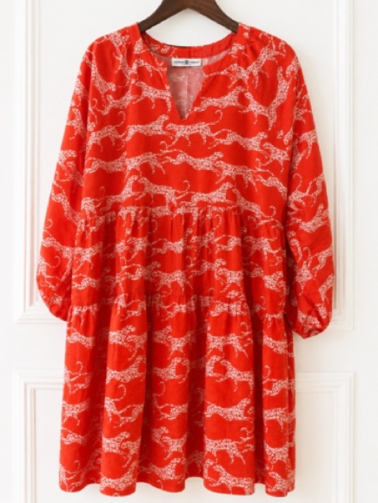 Michelle Mcdowell Dresses & Skirts - Vibrant Red Printed Tiered Dress with Playful White Pattern